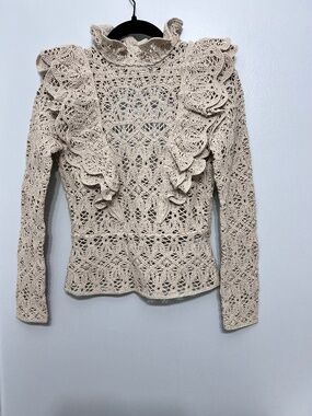 H&M EUC Ruffled Cream Crochet Lace Ruffle Long Sleeve Top XS